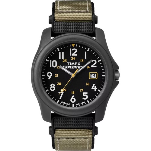 Timex T42571, Men's "Expedition Camper" Black/Green Nylon Watch, Date, Indiglo - Picture 1 of 2
