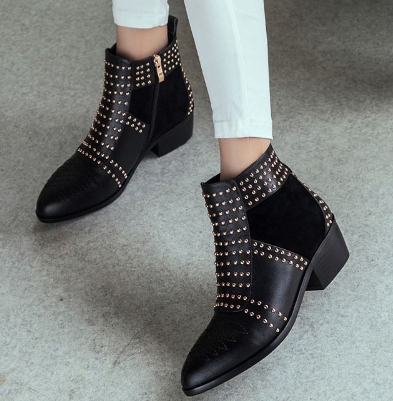 Rock Para Mujeres Cuero Genuino Remaches Puntera en Punta Remaches Genuino botas al Tobillo Zapatos Tacón Bajo Cremallera 1ba41c Rock Para Mujeres Cuero Genuino Remaches Puntera en Punta Remaches Genuino botas al Tobillo Zapatos Tacón Bajo Cremallera 1ba41c