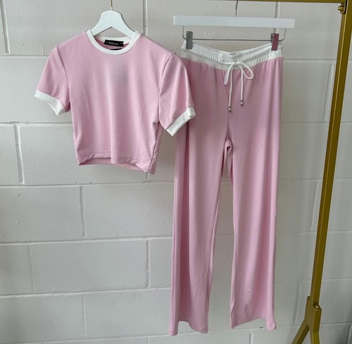 Pantaloni top donna donna berretto a costine manica a costine crop top due pezzi set coordinate - Foto 10 di 30