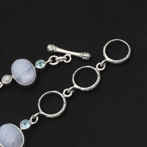 Pulsera hecha a mano de plata esterlina 925 de ágata de encaje azul natural 7" - Imagen 4 de 6
