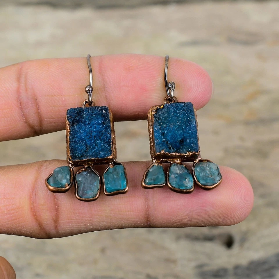 Gift For Her Copper Blue Druzy Jewelry Electroformed Drop/Dangle Earrings 1.77" - Image 3 of 4