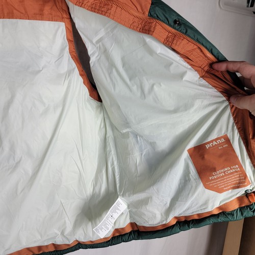 Prana Hellebore Down Puffer Vest Womens Xl Green Orange Dark Ale Colorblock - Picture 4 of 7