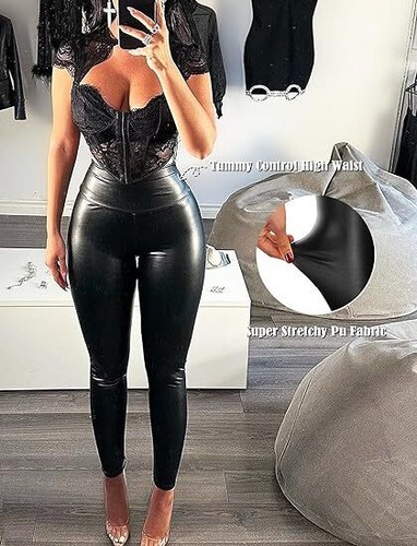 Women Stretchy Faux Leather Leggings Casual PU Pants High Waist Pencil Trousers - Picture 8 of 10