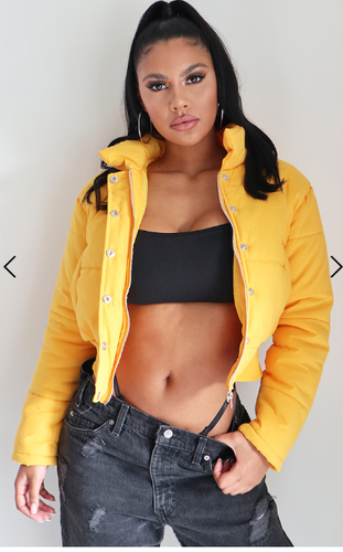 Ladies Pretty Little Thing Mustard Yellow Cropped Puffer Jacket Coat Size 6
