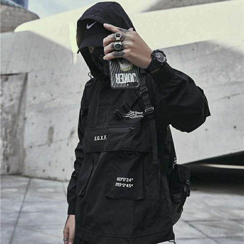 Uk Mens Techwear Hooded Jacket Streetwear Black Waterproof Windbreaker Coat A603 - Picture 3 of 11