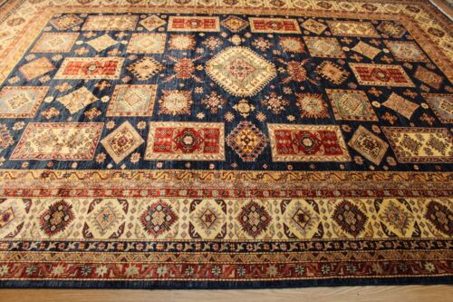 10' X 13' KAZAK DESIGN RUG HANDMADE HAND KNOTTED VEGETABLE DYED BLUE JEWEL COLOR - Picture 12 of 13