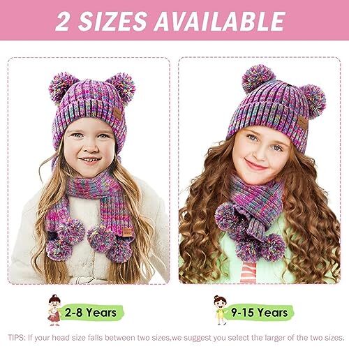 Kids Winter Hat Gloves Scarf Set, Girls Toddler Children 2-8 Years Rainbow Mix - Picture 3 of 8