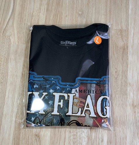 (L) SIX FLAGS American Eagle ADULTO Camisa Negra PATRIÓTICA Camiseta Gráfica NUEVA SIN ETIQUETAS - Imagen 5 de 6