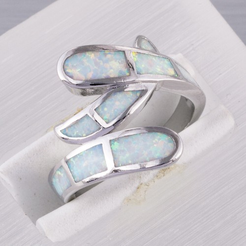 White Fire Opal Silver Jewelry Wide Women Wedding Bypass Wrap Ring Size 8 - Picture 5 of 6