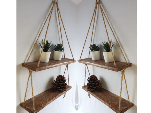 Rustic Shelves Handmade Wooden Natural Wood Floating Hanging Rope Wall Shelf - Picture 52 of 91