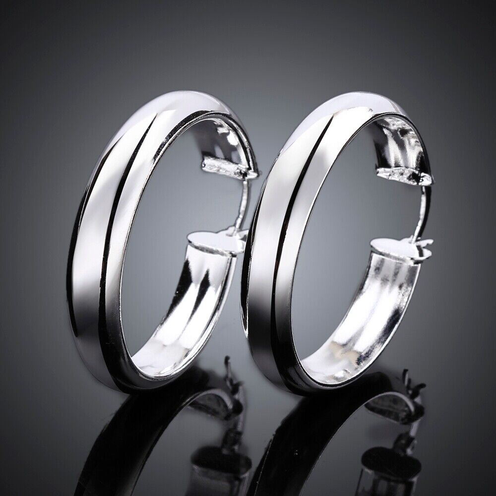 Pendientes de aro redondos clásicos de plata esterlina 925 de talla mediana de 1,75" para mujer