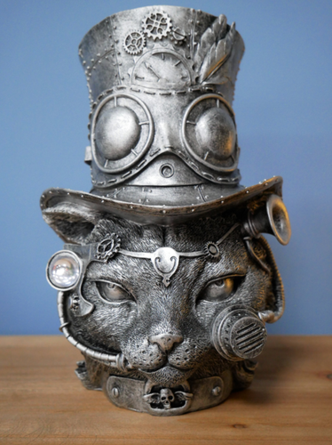 Steampunk Gothic Fantasy Themed Metallic Cat in Hat Decorative Ornament Statue - Picture 6 of 6