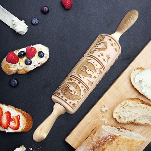 Christmas Wooden Embossing Rolling Pin Engraved Baking Cookies Cake Roller DBY - Picture 12 of 16