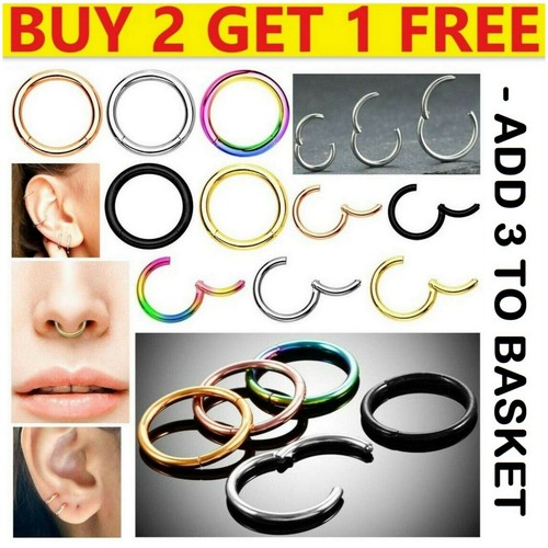 Surgical Steel Nose Ring Hoop Silver Gold Set Septum Clicker Hinged Lip Piercing - Picture 35 of 42