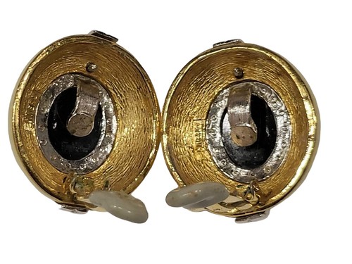 Vintage CINER SilverTone Enamel Black Stone Clip On Earrings SIGNED RARE - Picture 2 of 7