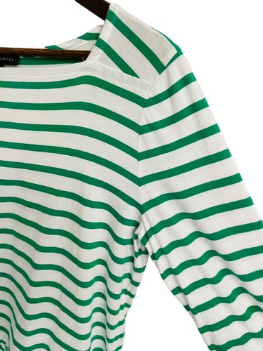 Talbots Shirt Womens Large Ruffled Hem 3/4 Sleeves Pima Cotton Green Striped - Picture 3 of 10