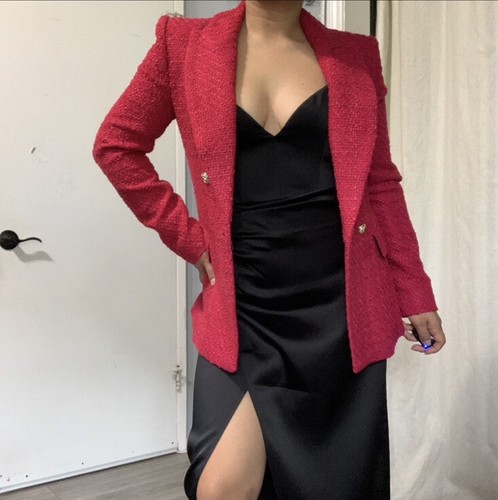 Zara New Fuchsia Double Breasted Textured Lapel Collar Long Sleeves Blazer Sz S - Picture 7 of 18