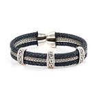 Sterling Silver Meander Leather Bracelet, Adjustable Cuff Men's Jewelry