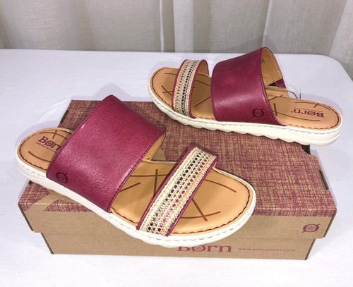 NIB BORN Womens Shore Slide Leather Flat Sandal US 9/EURO 40.5 Red Fabric Combo - Picture 7 of 12