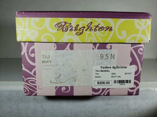 Brighton Taj Sandal Women 9.5N Leather Beige Ornate Slide On 2" Heel Crystals - Picture 11 of 11