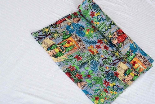 Indian Cotton Handmade Farida Kantha Quilt Bedding Bedspread Blanket Throw - Picture 1 of 3