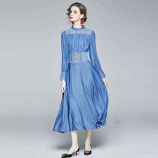Abito Donna Elegante Lungo Morbido Scollato Raso Caviglie Azzurro GIPSY 27931