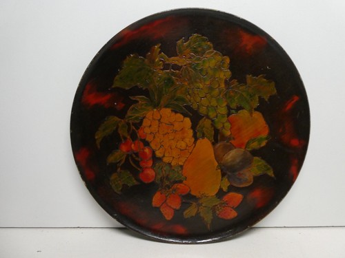 VINTAGE HAND PAINTED POKER WORK STILL LIFE FRUIT PLATE BOARD