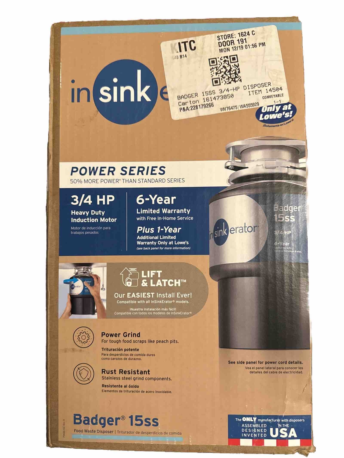 Factory Sealed InSinkErator Power Series Badger 15SS 3/4 HP Garbage