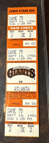 1986 San Francisco Giants v Atlanta Braves Candlestick Park Ticket Stub  9/14￼