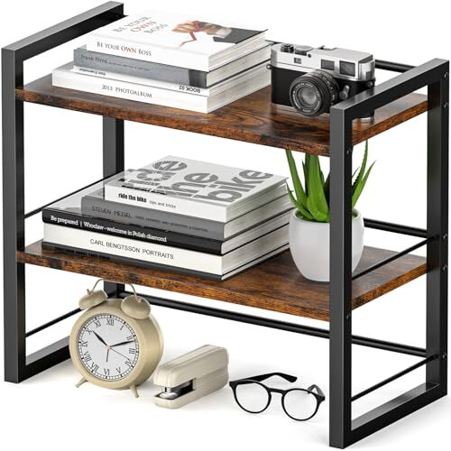 Office Desk Shelf Organizer, Wood Desktop Bookshelf Supplies Storage Brown 