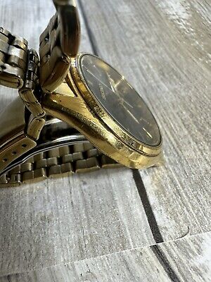 Vintage Seiko Watch Men Gold Tone Day Date Round Black Dial Vintage Seiko Watch Men Gold Tone Day Date Round Black Dial