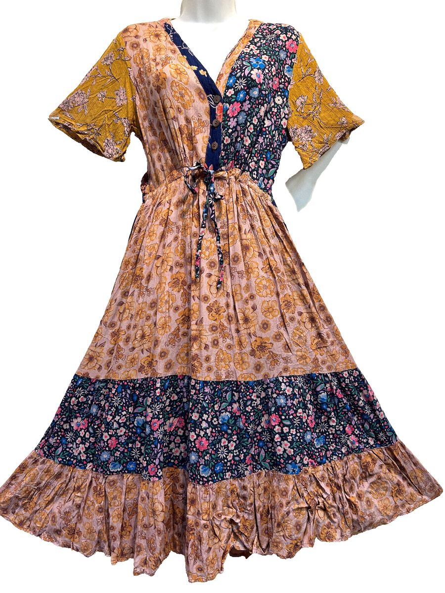 Nwt SACRED THREADS floral bohemian funky hippie rayon tier DRESS L