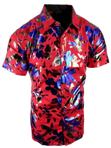 Mens Short Sleeve Shirt Designer Tropical Shiny Florals Silky Stretch Button Up - Picture 12 of 12