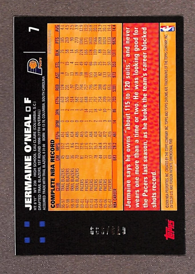 2007 Topps Chrome Refractor #7 Jermaine O'Neal /999 - Image 2 of 3