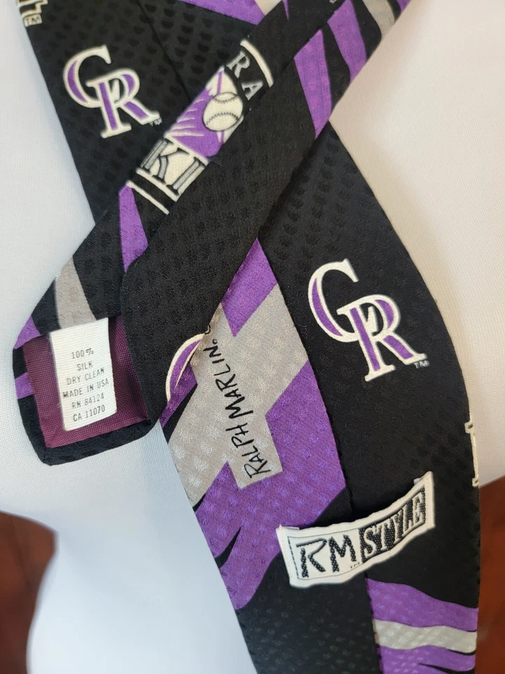 Colorado Rockies Tie 1992 Ralph Marlin 100% Silk Black Purple Silver Sport Merch - Image 2 of 4