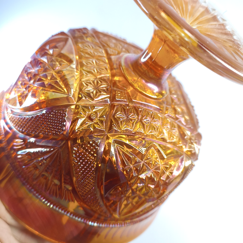 Marigold Carnival Glass Pedestal Bowl Vintage Imperial Hobstar Feather Pattern - Picture 15 of 16