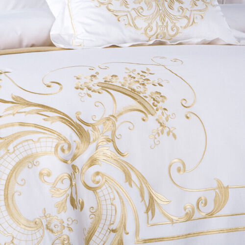 Set lenzuola copripiumino bianco cotone egiziano chic ricamo dorato - Foto 9 di 22