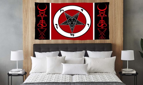Wall Printed Fabric Satanic Flag Inverted Pentagram Satan Goat Sigil Lucifer Art - Picture 4 of 8