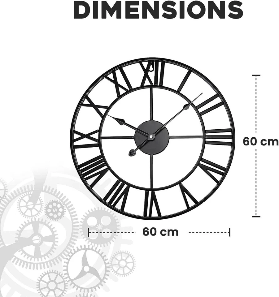 60CM Large Outdoor Garden Wall Clock Big Roman Numerals Giant Open Face Metal - Image 3 of 4