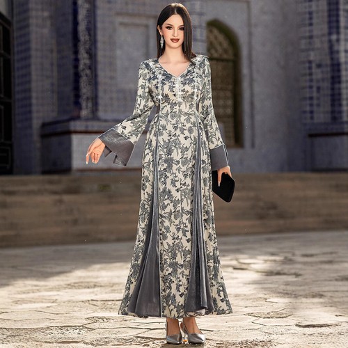 Dubai Damen muslimischer Blumendruck Kaftan Abaya lange Roben Türkei islamische Kleider - Bild 1 von 17