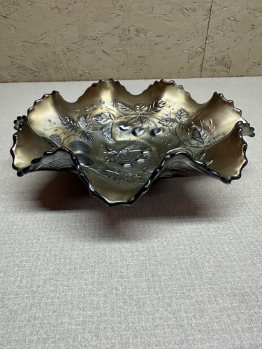 Antiguo Northwood Tres Frutas Amatista Carnaval Vidrio Volantes Cuenco Tejido de Cesta - Imagen 5 de 15