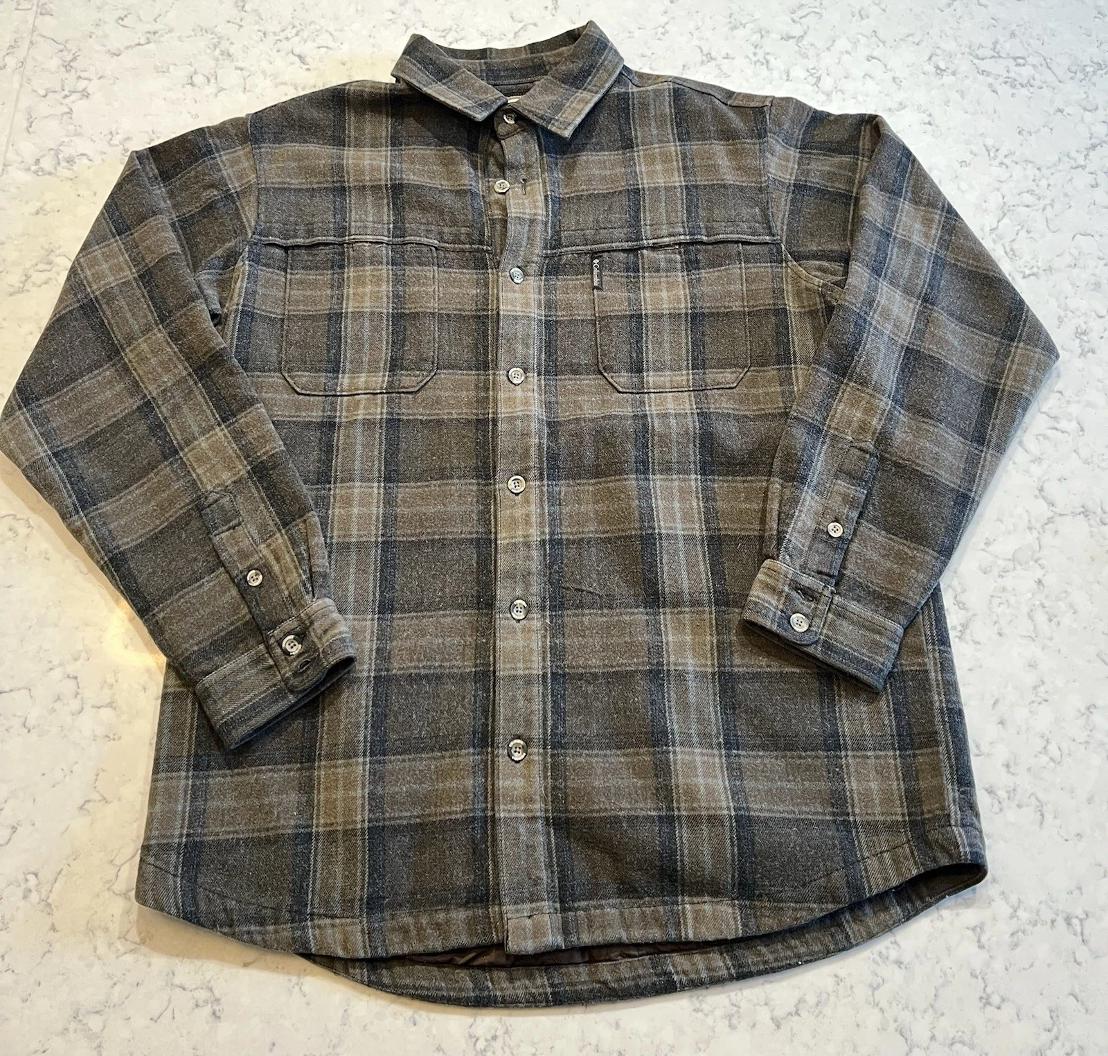 Men’s Columbia Gray Plaid Quilted Button Up Shirt Size XL