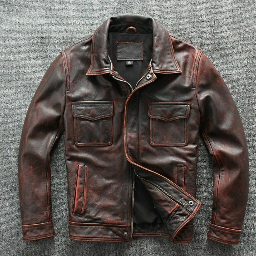 Men’s Motorcycle Biker Vintage Cafe Racer Distressed Brown Real Leather Jacket