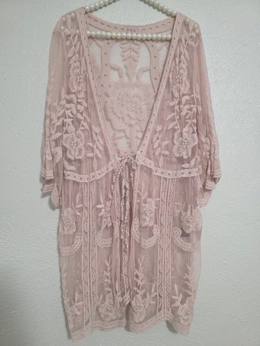 POL Pink  Floral Lace Embroidered Duster Open Cardigan Kimono Coverup S/M - Picture 2 of 12