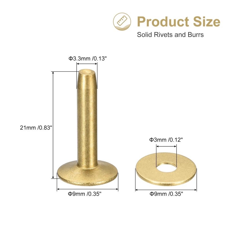 10 Set Ottone Rivetti e Sbavature,9x3.3x21mm Ottone Rivetto Chiusura,Oro Tono - Immagine 2 di 4