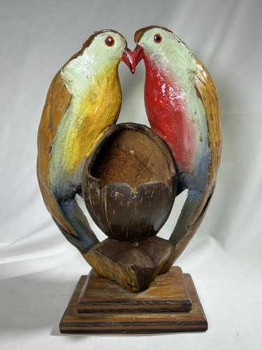 Vintage Carved Painted Coconut Wood Love Birds Collectible Display Decor