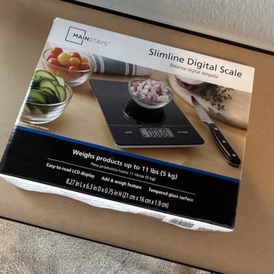 Mainstays Slimline Digital Kitchen Scale 11 lb, Tempered Glass, LCD, Black