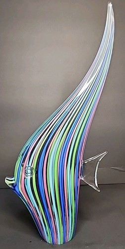 VTG Murano Blown Glass Angelfish With Multicolor Striped Pattern 15.75" - Picture 5 of 11