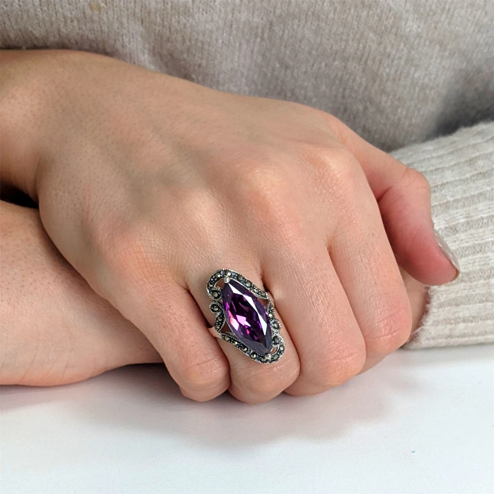 Silverly Anello Argento 925 Solitario Zircone Viola Ovale Marcasite - Immagine 4 di 4
