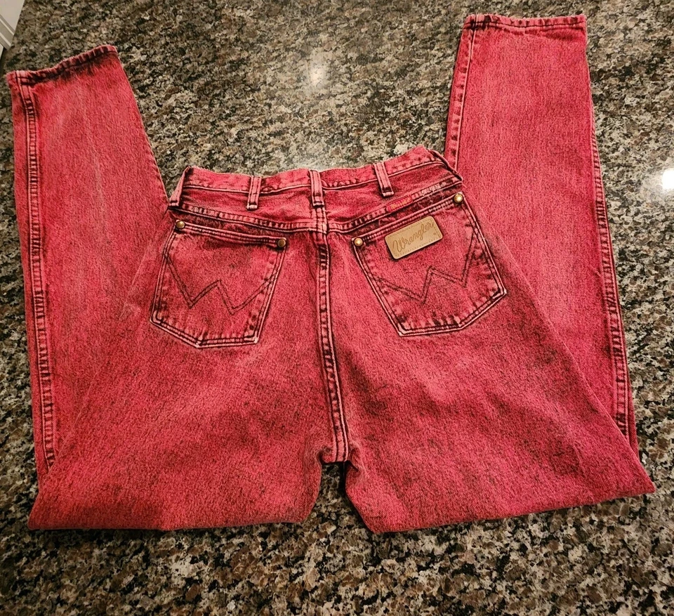 Jean Rock Glam Western Punk Vintage Años 80 Wrangler Rojo Ácido Lavado Alto Talla 11 Foto 2 de 4